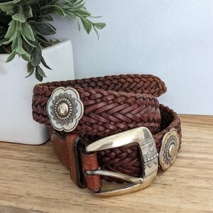 Braided Brown Leather Belt with Gold Accents